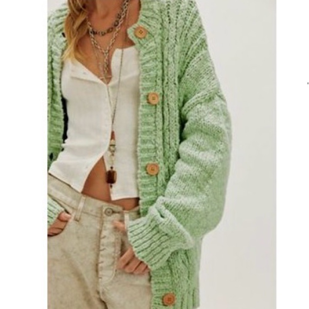 Free People Mint Green Cable Knit Cardigan